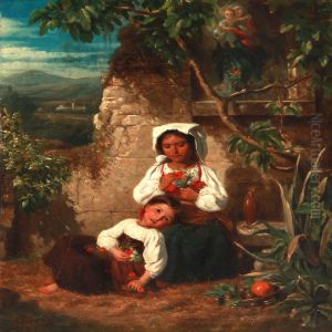 Italian Landscape With Two Little Girls With Bunches Of Flowers At A Roadside Altar by Carl Eybe
