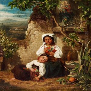 Italian Landscape With Two Little Girls With Bunches Offlowers At A Roadside Altar by Carl Eybe