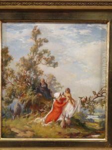 Ruhe Auf Der Flucht, Mit Tieren.unten Links by Gustav Eyer