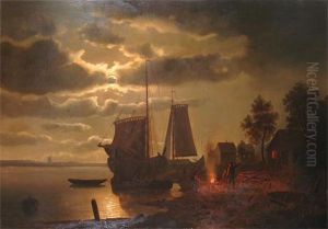 Evening With Figures Before A Fire, Beside A River With Sailing Boats