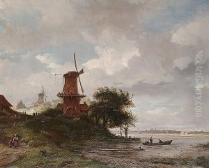 Estuary Scene With Figures Walking Beside The Shore, Windmills Beyond