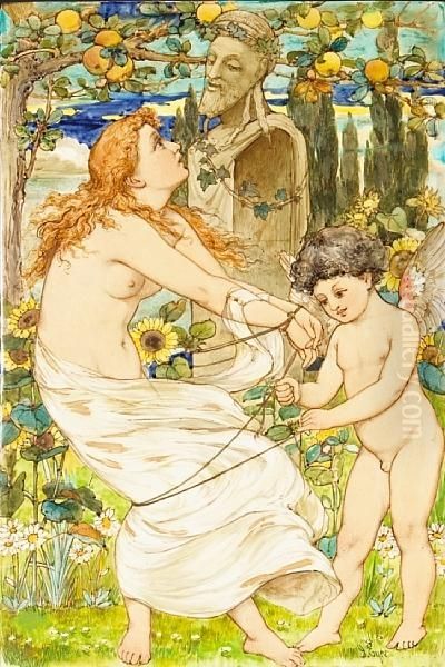 Depicting Cupid Binding A Maiden To A Stone Herm, All In Aluxuriant Garden With Daisies, Sunflowers And Laden Apple Tree,signed - view 1