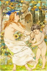 Depicting Cupid Binding A Maiden To A Stone Herm, All In Aluxuriant Garden With Daisies, Sunflowers And Laden Apple Tree,signed