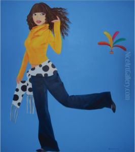 Playful Girl Kicking Featherball by Yang Fa