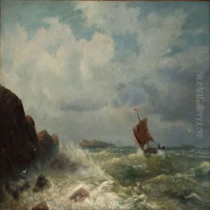 Rocky Coast With A Sailboat In High Waves by Friedrich Wilhelm Fabarius