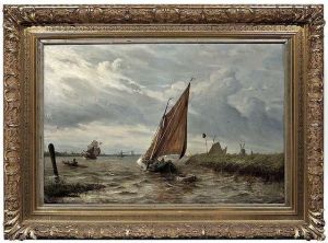 Dutch River Landscape With Numerous Boats by Friedrich Wilhelm Fabarius