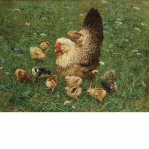 Hen And Chicks In A Field by Fabbio Fabbi