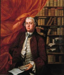 Portrait Of A Gentleman, Possibly A Self-portrait Of The Artist,standing Small Three Quarter Length In A Library By A Curtain,wearing A Beige Waistcoat With Lace Chemise, Brown Jacket And Wig,holding A Document In His Left Hand by Johann Herman Faber