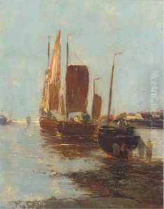 Fishing Boats In A Harbour With Figures Unloading The Catch; Andanother Similar