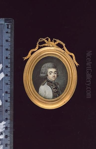 A Young Officer, Called Monsieur Bachelet, Wearing White Uniform With Black Facings, Gold Lace And Epaulettes, His Powdered Wig Worn - view 1