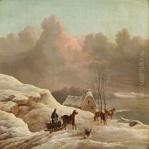 Winter Landscape With A Man Driving Wood On A Carriage