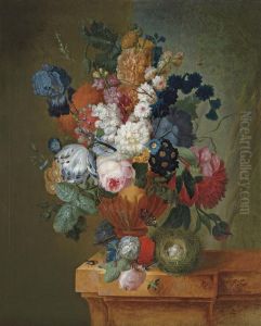 A Tulip, An Iris, Roses, Chrysanthemums, Polyanthas And Other Flowers In A Sculpted Urn by Pieter Faes
