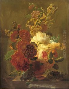 Roses, Tulips, Violets And Other Flowers In An Urn On A Stone Ledgewith A Bird's Nest by Pieter Faes