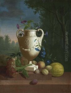 A Vase And Fruits On A Stone Ledge Before A Landscape by Pieter Faes