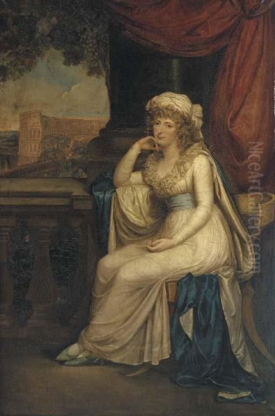 Portrait Of Lady Clifford, Full-length, Seated In A White Dresswith Blue Sash On A Klismos Chair On A Loggia Overlooking Thecolloseum - view 1
