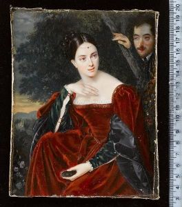 A Lady, Seated Beneath A Tree, Wearing Burgundy-coloured Velvet Dress With Embroidered Trim And White Lace Underslip, The Sleeves Turned Back To Reveal Dark Grey Lining And Green Under Sleeves Slashed To Reveal White, She Holds In Her Left Hand A Portrait by Guglielmo Faija