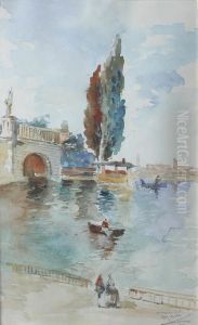 Paesaggio Con Lago E Figure by Fortunato Giulio Faini
