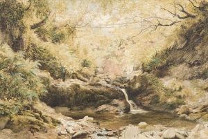 Fisherman Beside A Woodland Stream by Thomas Fairbairn