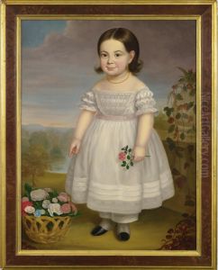 Portrait Of A Little Girl In White Dress With Basket Of Flowers by Hannah Fairfield