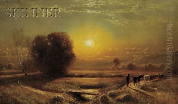 Sunset Landscape With Cows And Herder - view 1