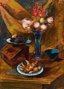 Blumen- Und Obststillleben Mit Weisgeback by Anton Faistauer