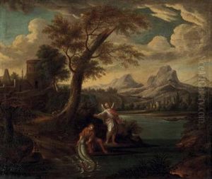Heroische Landschaft Mit Erzengel Raphael Und Tobias Mit Dem Fisch by Anton Faistenberger