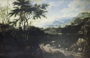 An Extensive Landscape With Falconers Resting Beside A Country Path In The Foreground, A Mountainous Coast Beyond by Anton Faistenberger