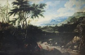 An Extensive Landscape With Falconers Restingbeside A Country Path In The Foreground, A Mountainous Coastbeyond by Anton Faistenberger