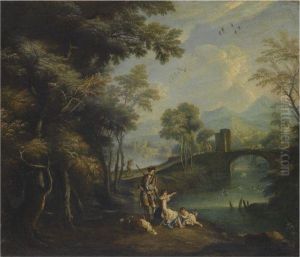 A Rocky River Landscape With Figures In The Foreground by Anton Faistenberger