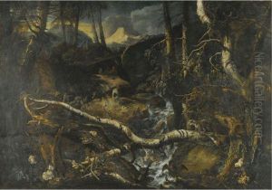A Rocky Mountainous Landscape With A Torrent, Fishermen On The Rocks, A Fallen Birch And Two Foxes