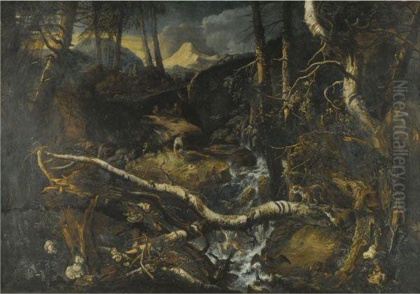 A Rocky Mountainous Landscape With A Torrent, Fishermen On Therocks, A Fallen Birch And Two Foxes - view 1