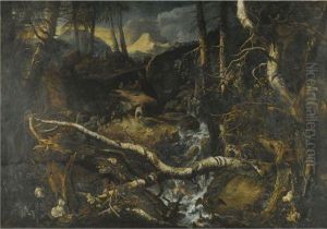A Rocky Mountainous Landscape With A Torrent, Fishermen On Therocks, A Fallen Birch And Two Foxes