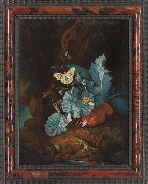 Burdock With Butterflies, Snails, A Cricket And Other Insects, Anda Lizard, In A Coastal Inlet - view 1