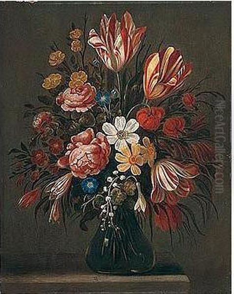 Still Life Of Variegated Tulips, Morning Glory, Narcissi, Lilies And Snow Drops, In A Glass Vase, Upon A Stone Ledge - view 1