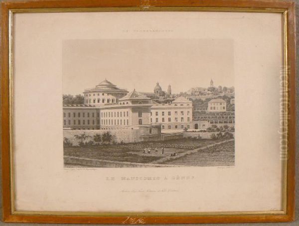 Falkeisen, "le Manicomio A Genes", Acquatinta, Milano, Antonio Etfils, Xix Secolo, Mm. Battuta 225x280, In Cornice Di Elgno Confiletto Dorato - view 1