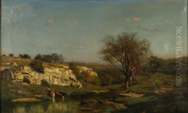 Berger Et Son Troupeau De Vaches Pres D'une Riviere - view 1