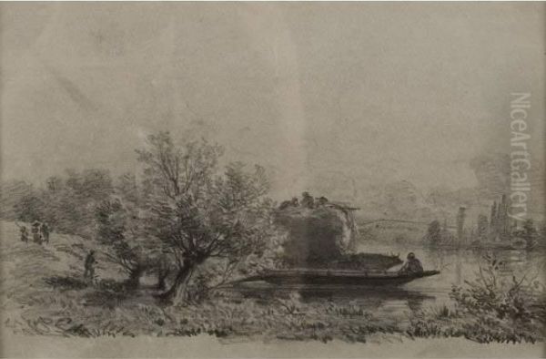 A. . Paysage Anime Avec Vache Sur Une Barque.dessin Non Signe Repertorie Par Madame Agache. 14,5cm X 22cm - view 1