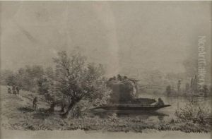 A. . Paysage Anime Avec Vache Sur Une Barque.dessin Non Signe Repertorie Par Madame Agache. 14,5cm X 22cm by Alphonse Cl. Antonin Fanart
