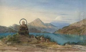 A Buddhist Monument By A Lake, With Mount Fuji Beyond