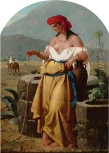 A Young Hay Gatherer And A Water Carrier By The Fountain by Enrico Fanfani