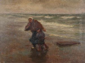 Vissersvrouw Met Knaap Op Het Strand by Edgard Farasyn