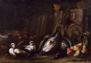 Natura Morta Di Penna Con Una Coppia Di Colombi, Frutta E Frammento Architettonico