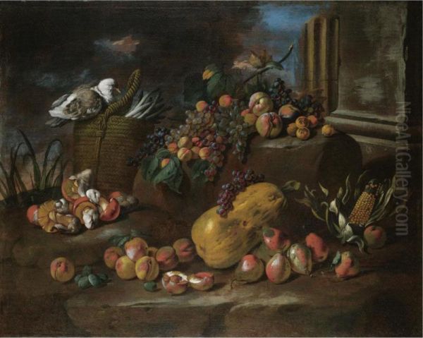 Still Life Of Peaches, Pears, Grapes, A Watermelon, Mushrooms, An Ear Of Corn And A Pigeon Resting On A Basket Of Asparagus, All Arranged In A Landscape - view 1