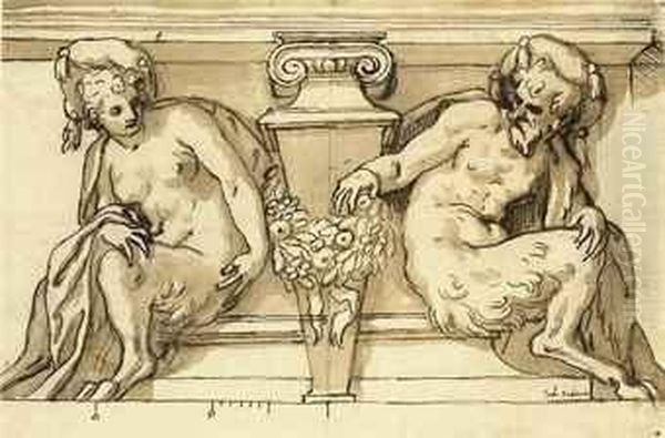Architectural Design With Male And Female Satyrs Supporting Apediment - view 1