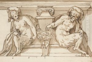 An Architectural Design With Male And Female Satyrs Supporting A Pediment by Paolo Farinati