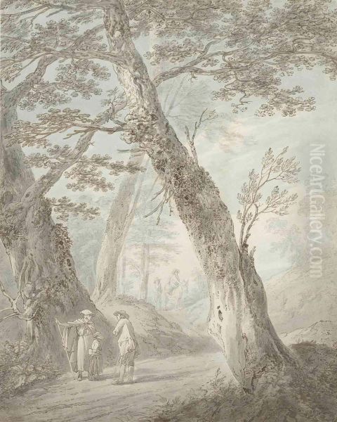 Travellers Conversing On A Wooded Path - view 1