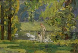 Baigneuses Sur Un Etang Anime Decygnes by Henry Farre