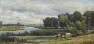 Flusslandschaft Mit Weidenden Kuhen