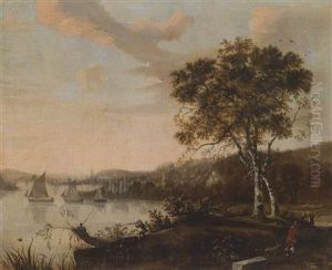 A River Landscape With Hunters And A Port by Richard Farrington