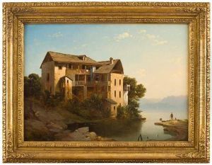 Veduta Di Lago Con Case E Figure by Gaetano Fasanotti